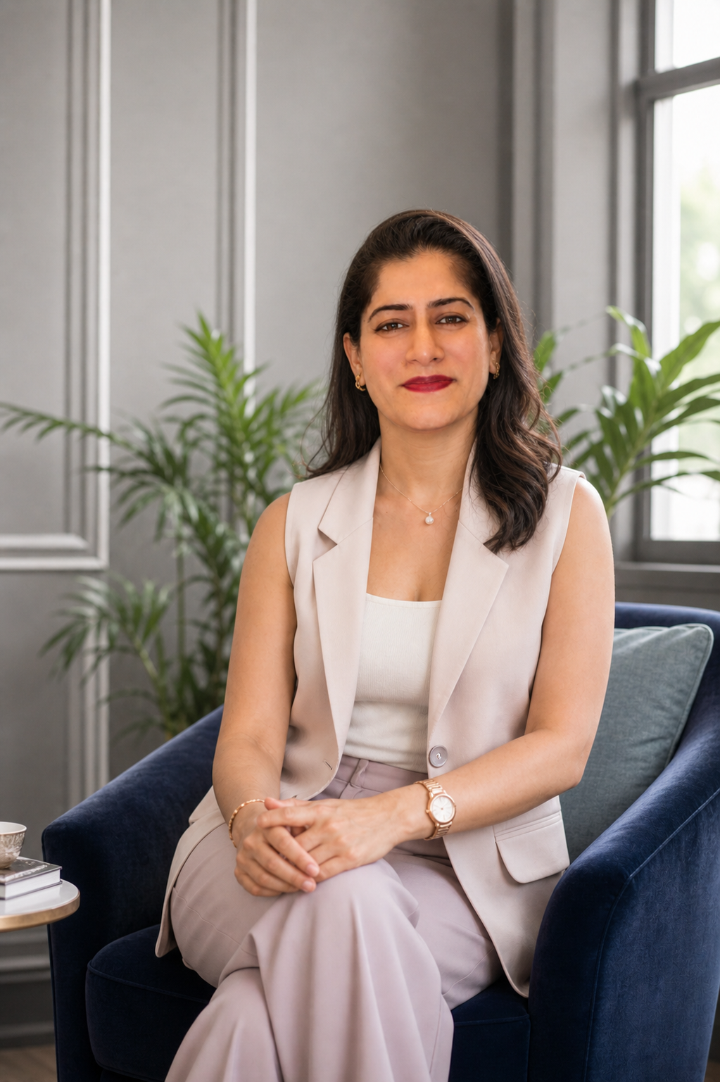Preeti Gureja, LinkedIn Visibility Strategist, seated in a blue velvet chair